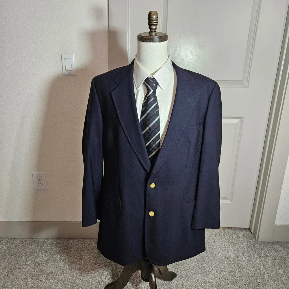 Brooks Brothers 43L Wool Suit Blazer Jacket Men Gold Button Brooksease Dark Navy